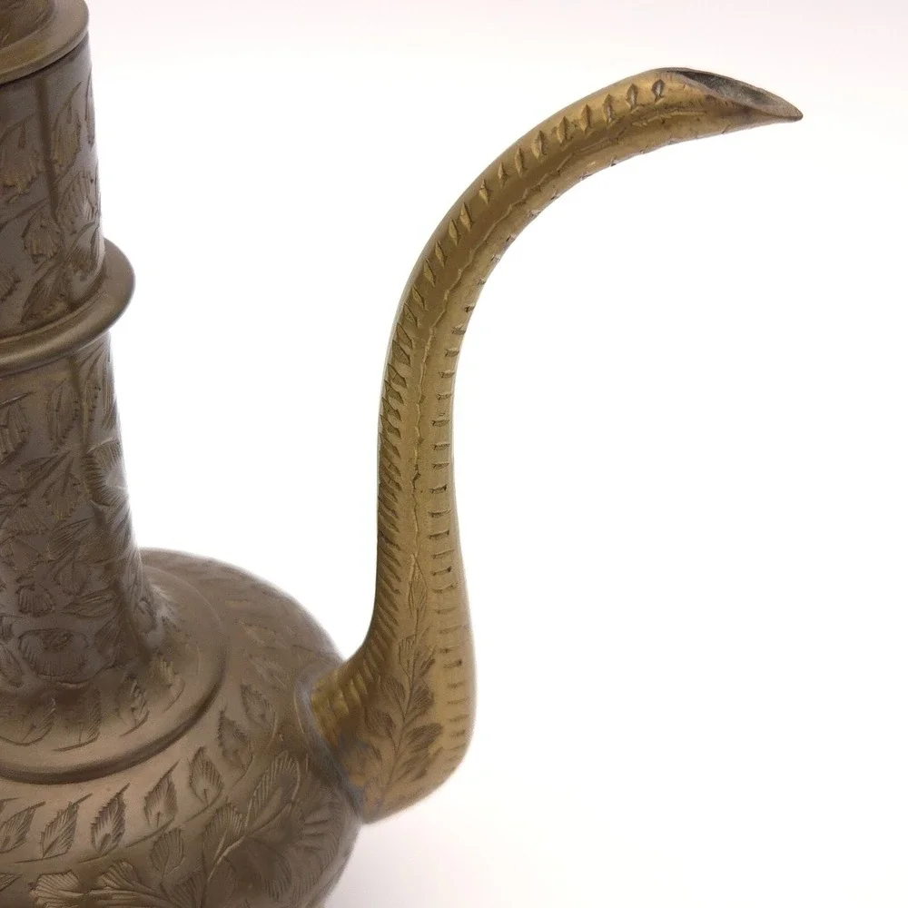 Beautiful Vintage 60s Aftaba Ewer Indian Brass Tea coffee Pot Signed Hand carved